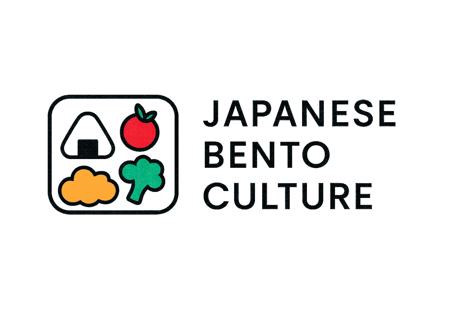 ミニマルデザインの弁当アイコンと「JAPANESE BENTO CULTURE」の文字を組み合わせたロゴ。弁当箱の中にはおにぎり、ミニトマト、唐揚げ、ブロッコリーが描かれている。